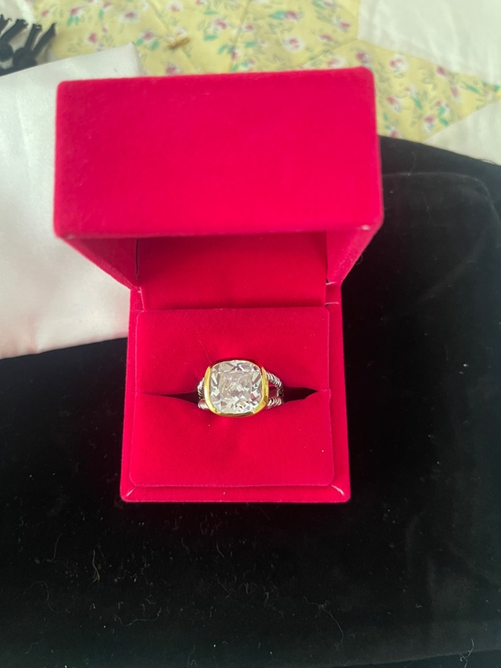 Gold-Tone Cushion-Cut Crystal Ring in Pink Velvet Box